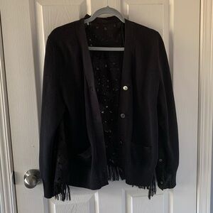 Black Fringe Cardigan with Lace Detail on Back